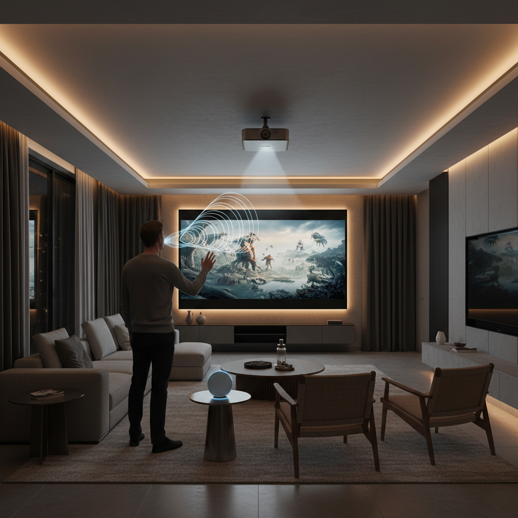 A person speaking to a projector in a modern living room while a movie plays on the wall and voice waves show voice control.