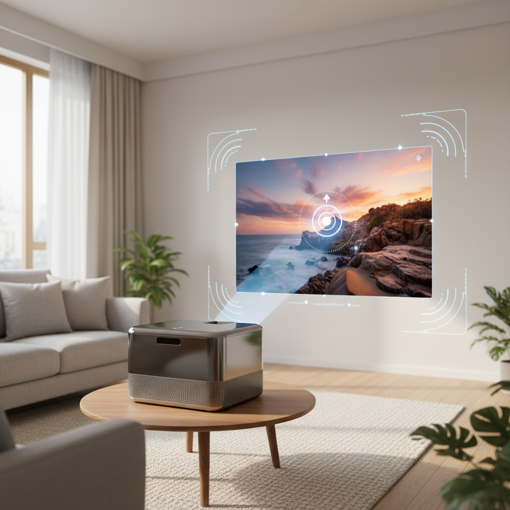 A modern smart projector in a living room automatically aligning its image into a perfect rectangle on the wall, with subtle tech overlays indicating keystone correction, focus, and obstacle avoidance.