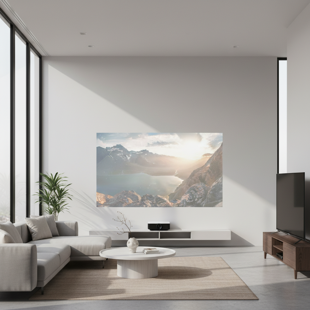 A modern minimalist living room with a large projected image on the wall from an ultra short throw projector, subtly contrasted with a traditional TV setup.