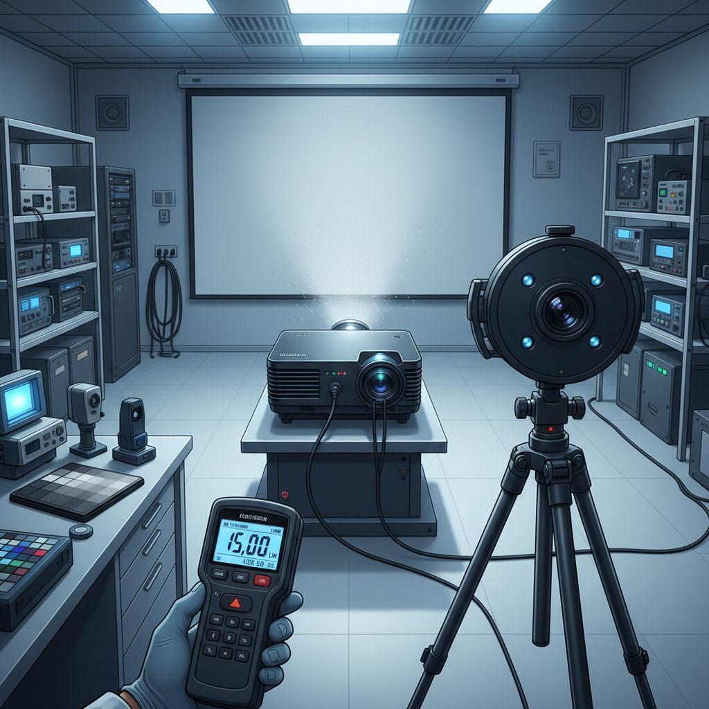 A professional laboratory scene showing projector brightness being measured with a screen and light meter.