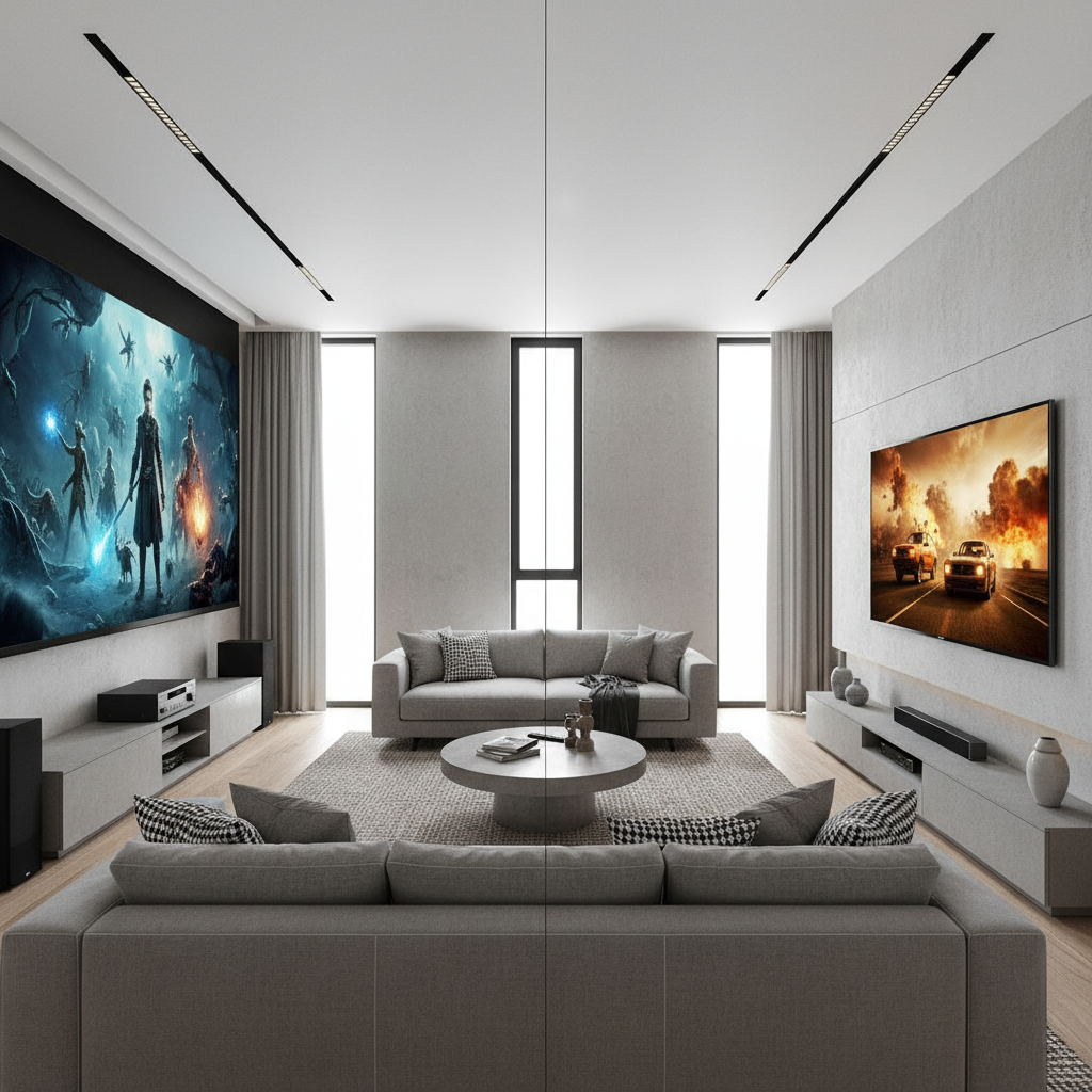 A wide modern living room showing a side-by-side comparison of a large projection screen and a wall-mounted TV.
