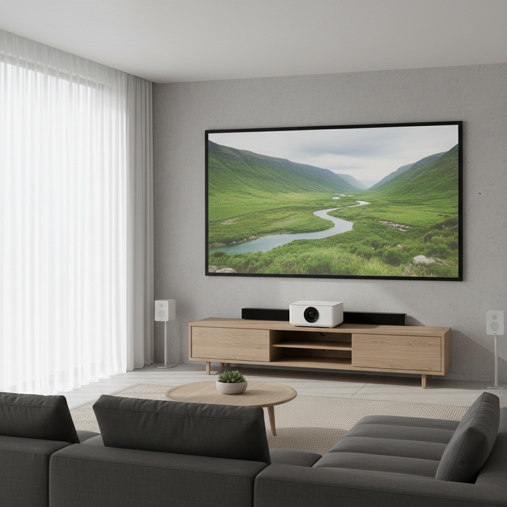 A modern living room home theater setup with a projector, soundbar, and large screen.