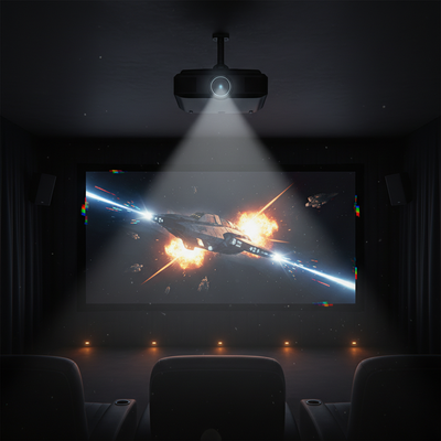 A dark home theater with a projected movie scene showing subtle red, green, and blue rainbow artifacts, with a projector visible in the background.