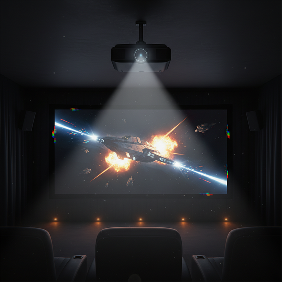 A dark home theater with a projected movie scene showing subtle red, green, and blue rainbow artifacts, with a projector visible in the background.