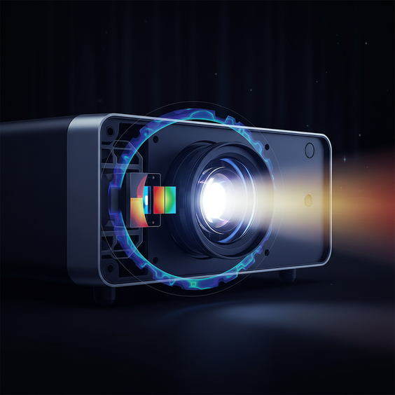 Conceptual illustration of a projector light source with a thermal heat map and shifting color spectrum influenced by temperature.