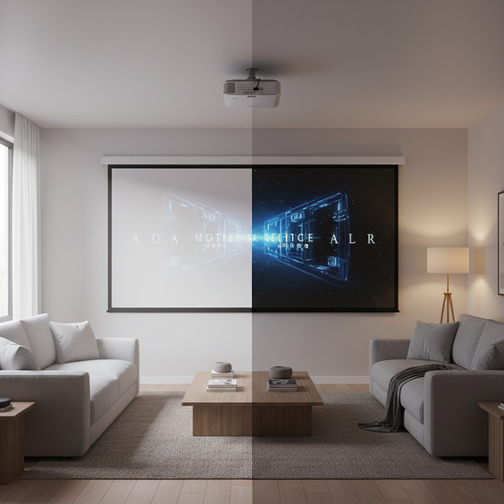 A modern living room shown as a subtle side-by-side comparison: one projected image looks dim and washed out, while the other is bright and clear on an ambient light rejecting screen.