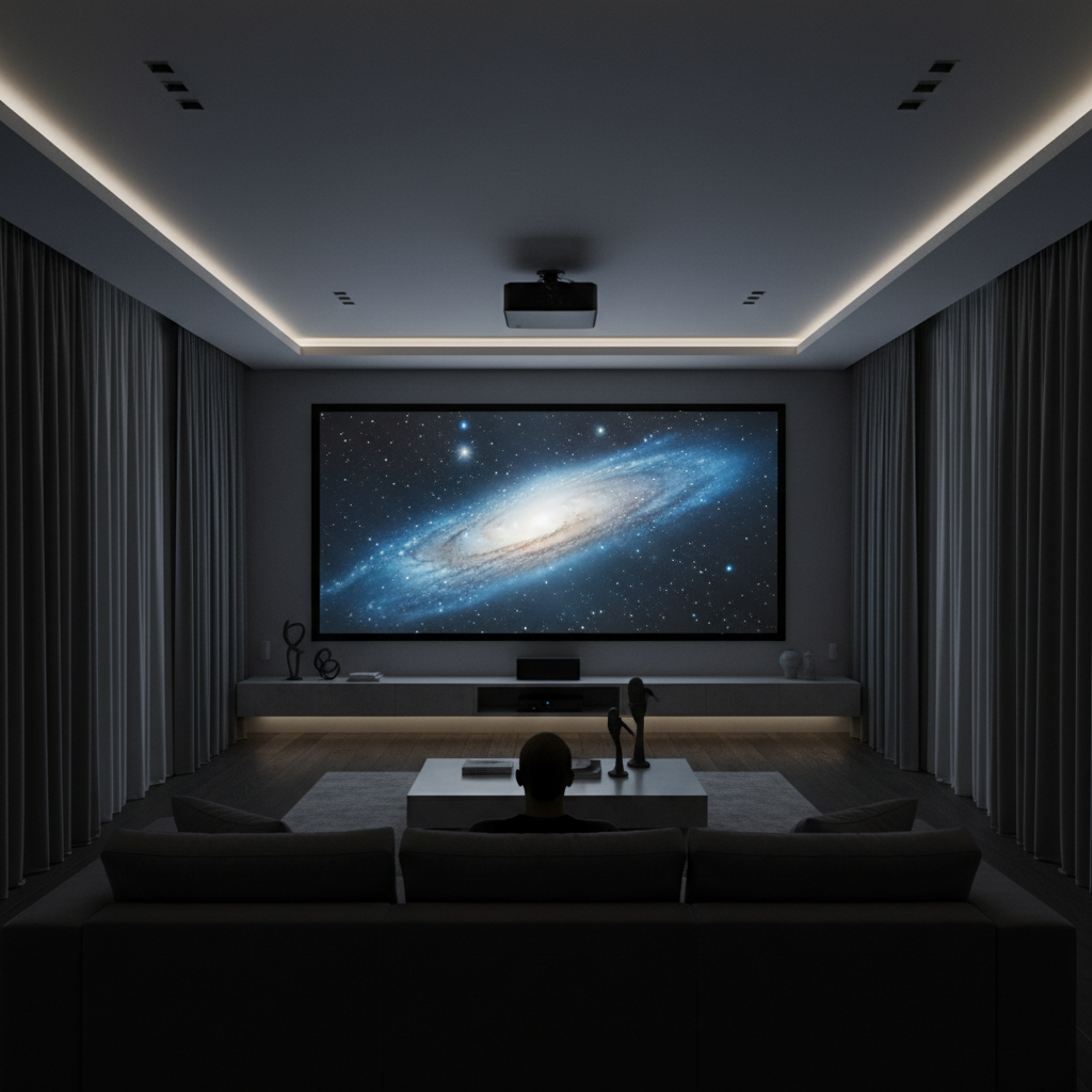 A modern home theater with a large 4K projector image on a living room wall and a viewer seated at an optimal viewing distance.