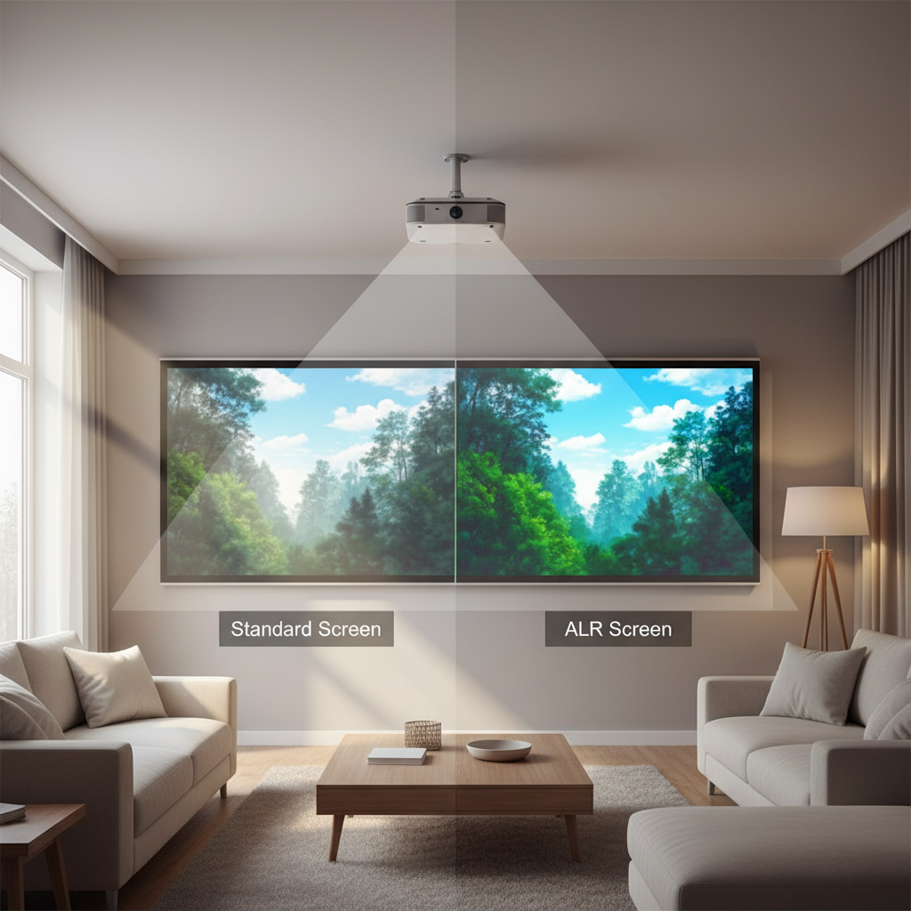 A modern living room illustration comparing a standard projector screen washed out by ambient light on one side with an ALR screen maintaining vivid colors on the other side.