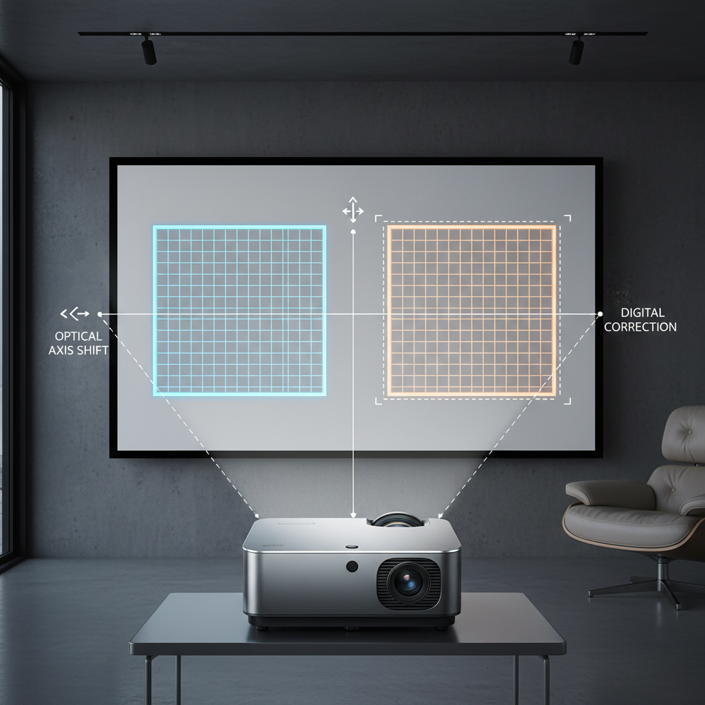 A clean projector setup comparing a sharp image aligned with lens shift versus a slightly warped image corrected with digital keystone.