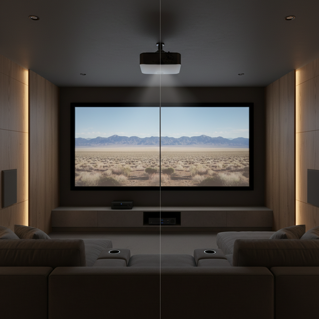 Side-by-side comparison of a correct projector image and a mismatched stretched or letterboxed image in a home theater setup.