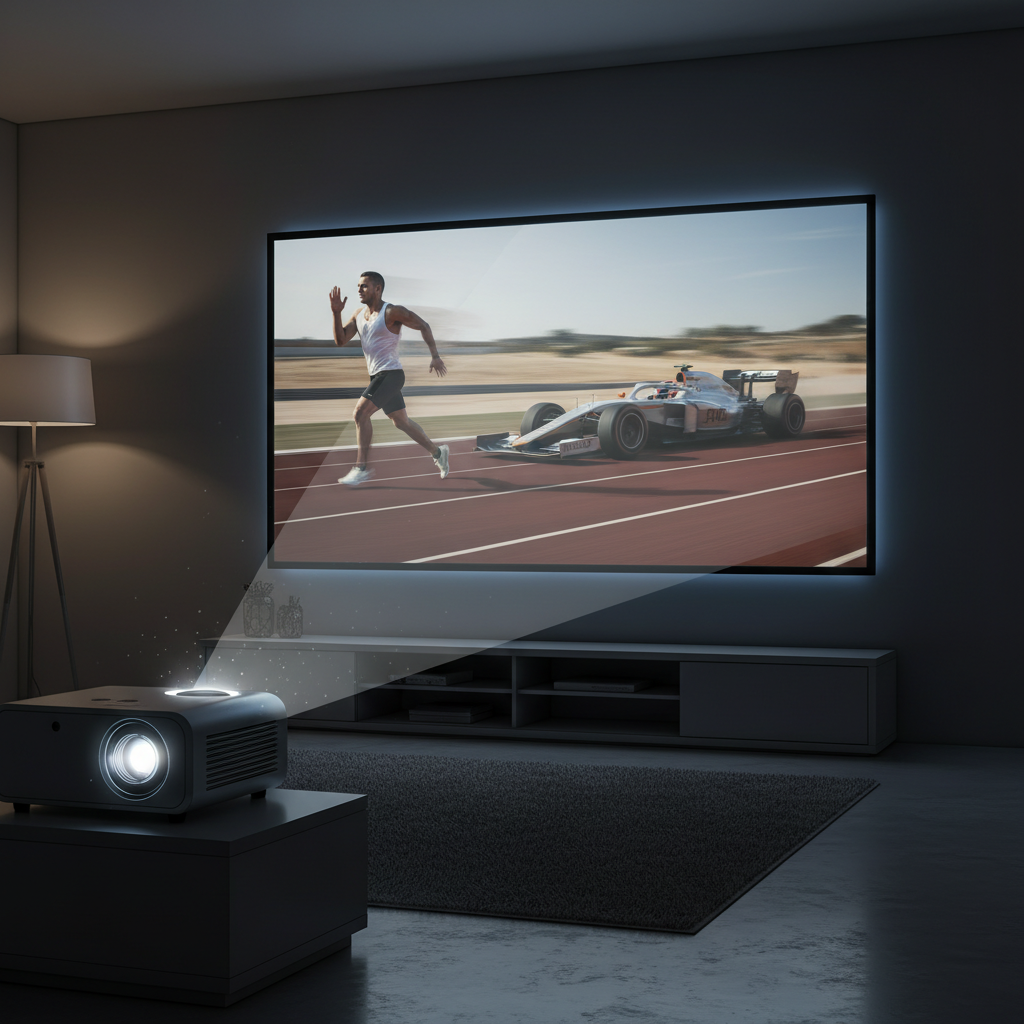 A projector displaying a fast-moving scene with visible motion interpolation artifacts, including unnatural smoothing and ghosting on moving objects.