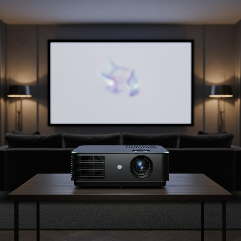 A modern projector in a home theater setting with visible cooling and heat dissipation details.