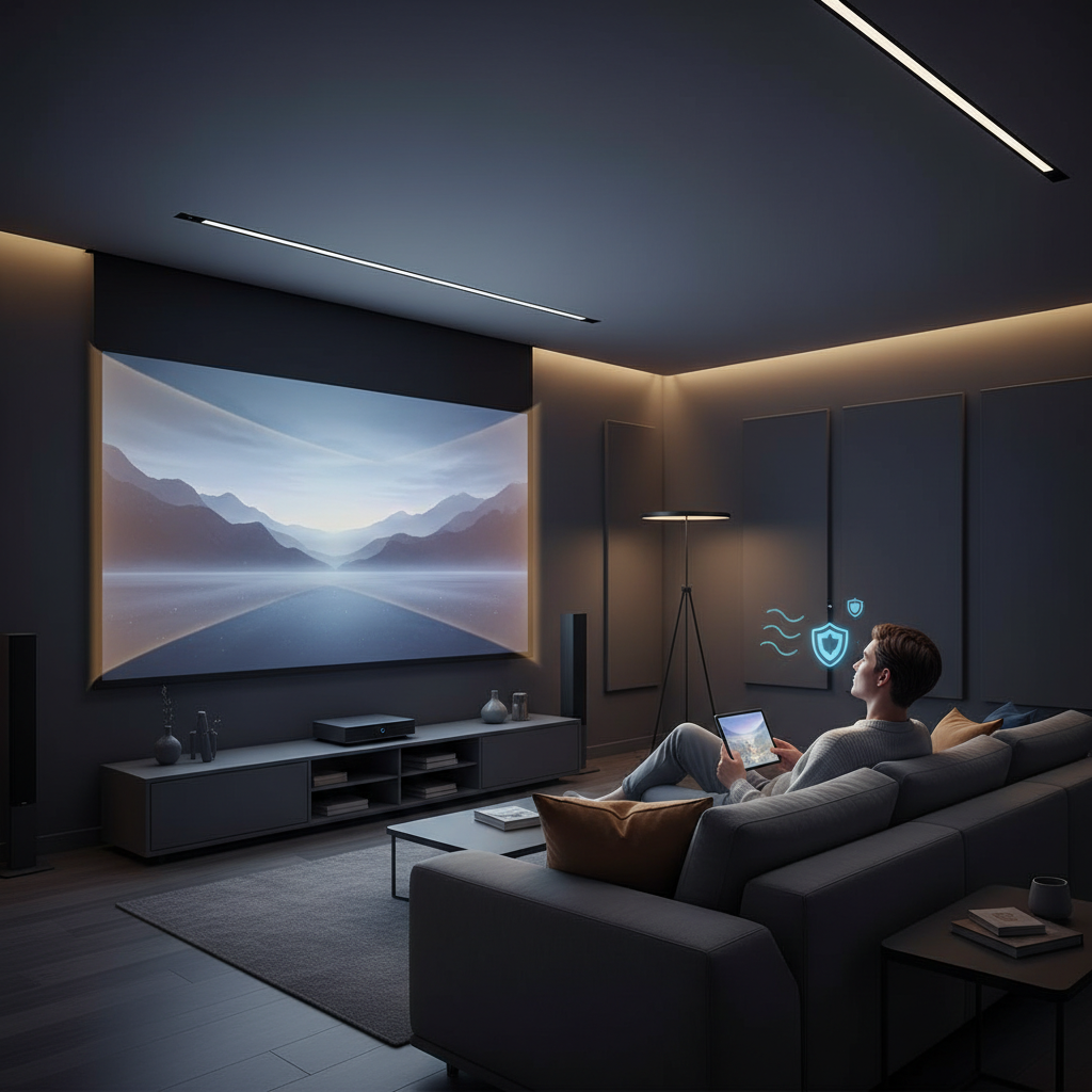 A person comfortably watching a projected movie in a dark living room, with subtle visual cues suggesting eye comfort.