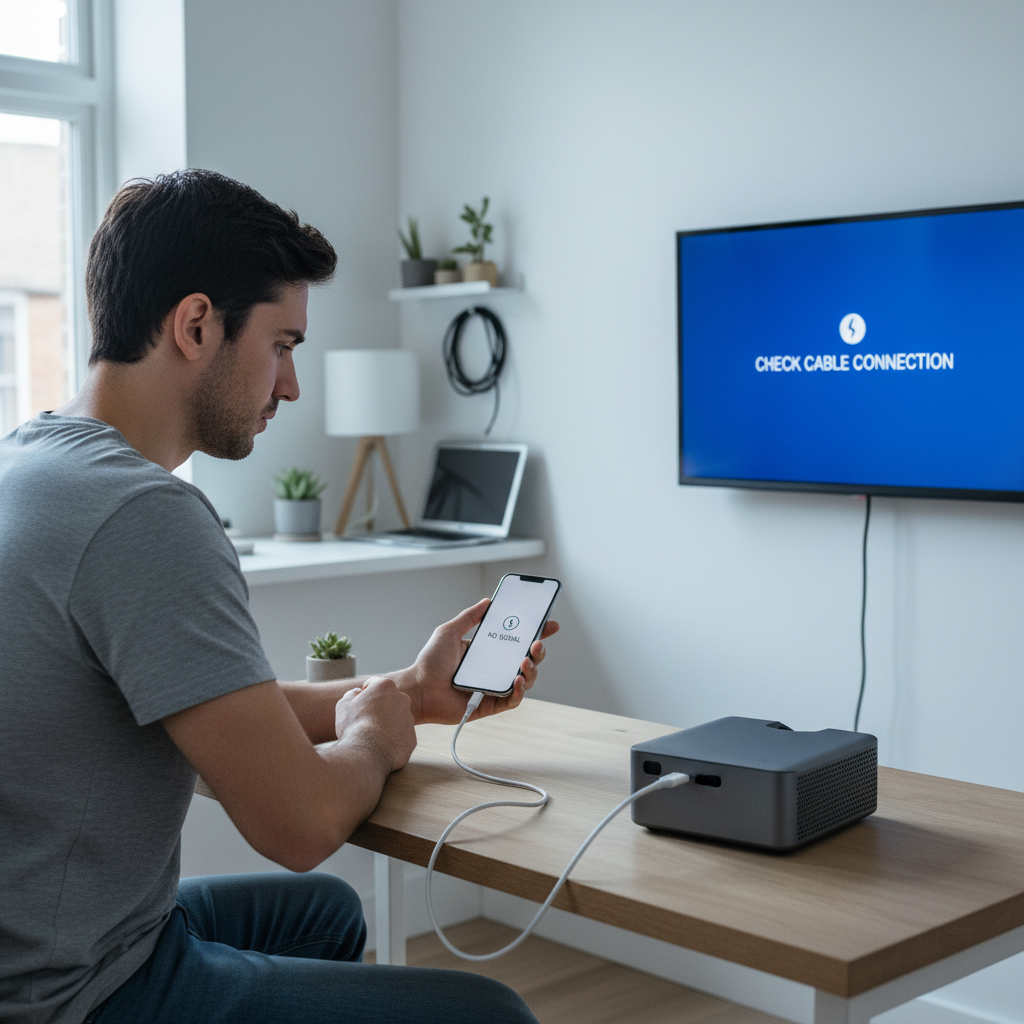 A frustrated person trying to connect a smartphone to a portable projector with a USB-C cable, while the projector screen shows no signal.