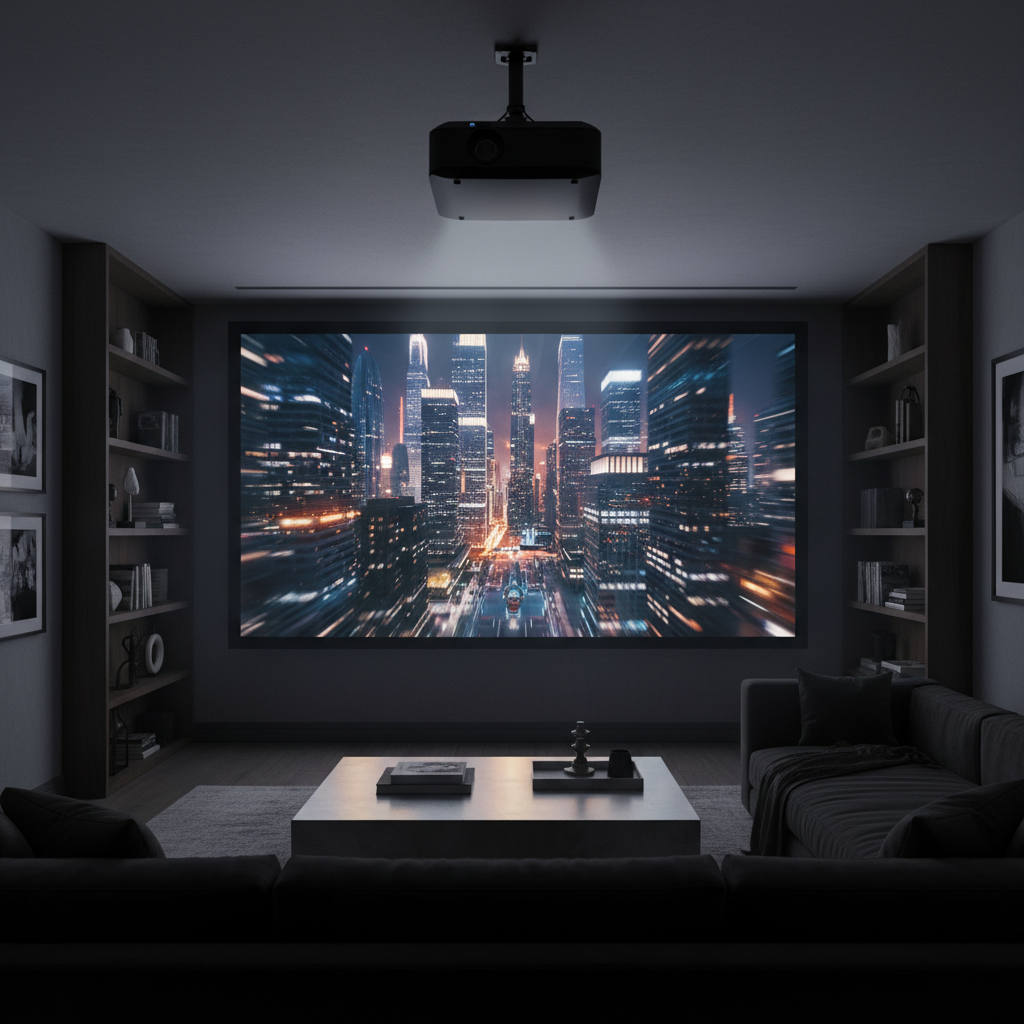 A home theater projector in a dark living room projects a movie scene with a sharp center and soft blurry edges.