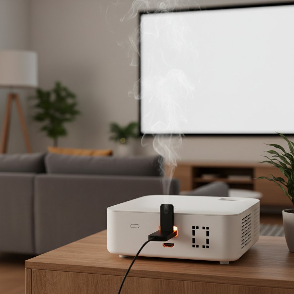 A projector with a streaming stick plugged into the HDMI port, showing visible heat near the connector to illustrate an overheating issue.
