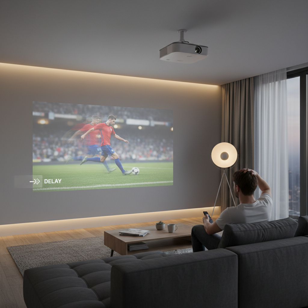 A frustrated user in a modern living room watching a projected sports game with visible lag shown as a ghosted duplicate image.