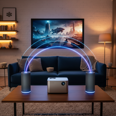 A portable projector in a cozy living room at night with two Bluetooth speakers placed on either side, creating a surround sound setup while a movie plays on the screen.