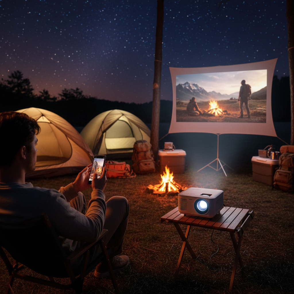 A person at a campsite at night casting a movie from a phone to a portable projector onto a screen.