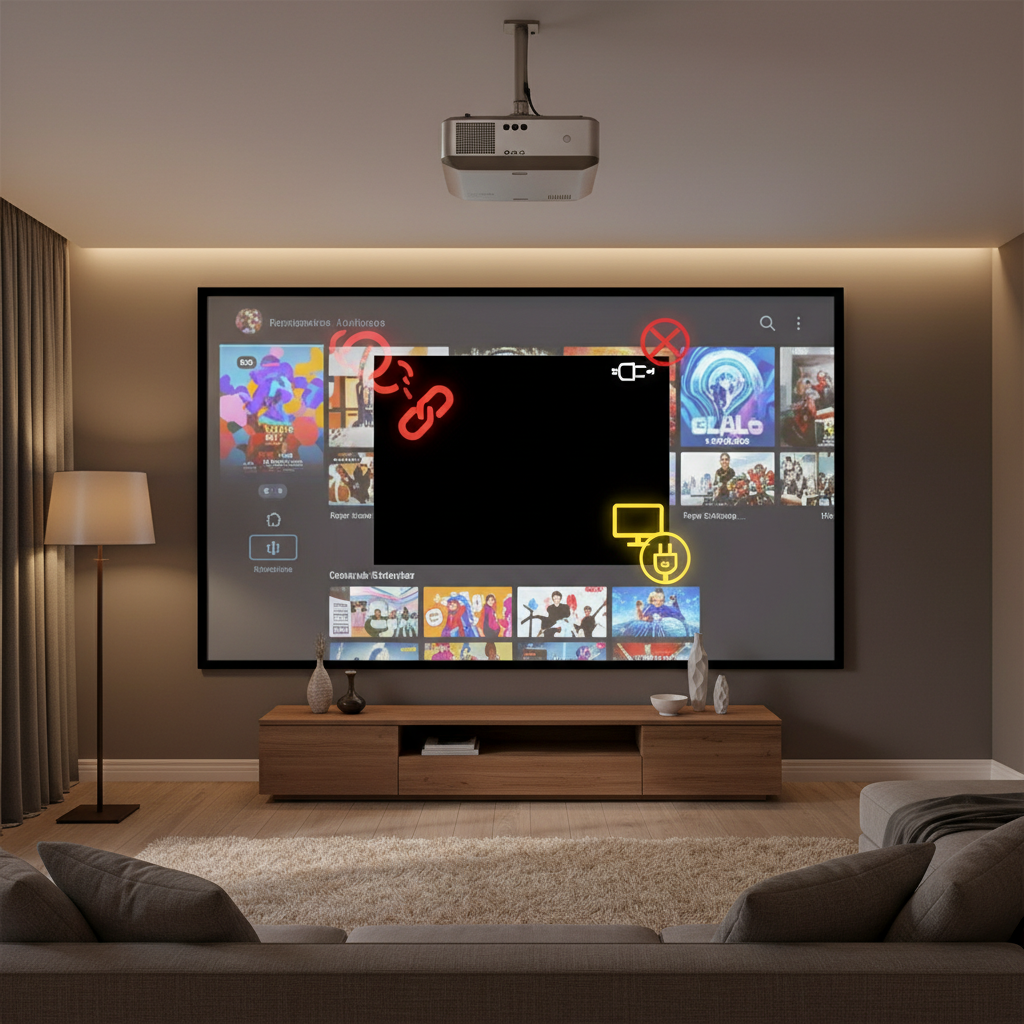 A modern home theater projector in a cozy living room displays a streaming interface with a large black rectangle in the center and a subtle warning overlay, illustrating a black screen playback issue.