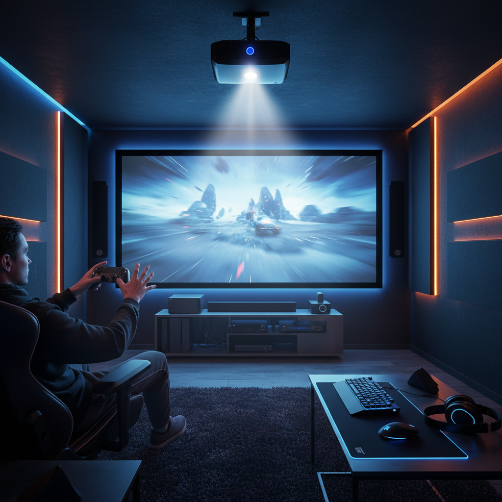 A gamer using a projector in a dark room with a game controller, showing a responsive low-latency gaming setup.