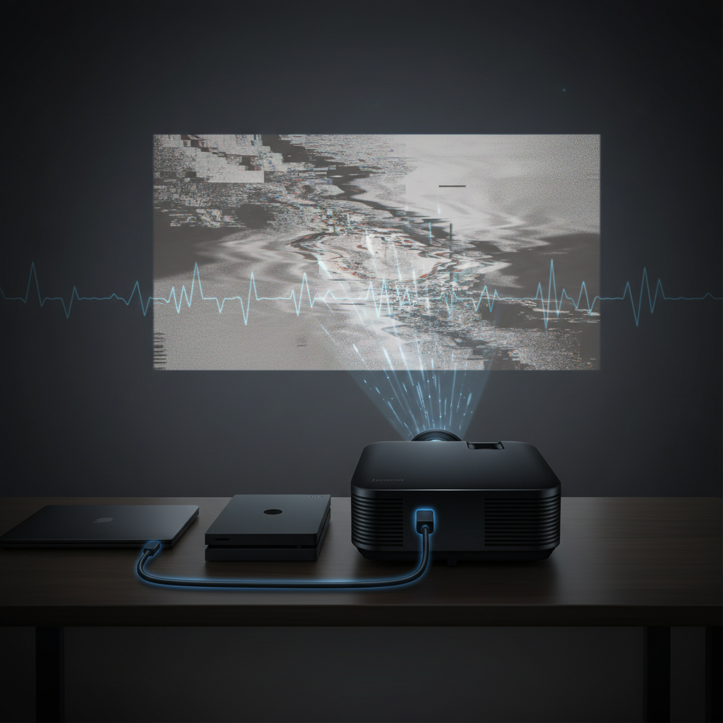 A projector displaying a flickering image beside a connected laptop or game console, with a highlighted HDMI cable suggesting the source of the problem.