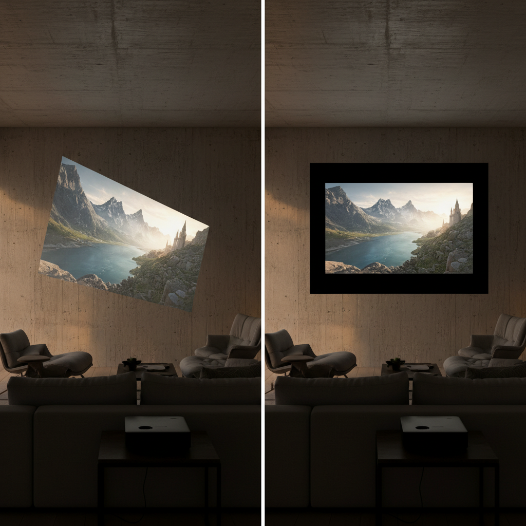A split image comparing a distorted projector image with a corrected but smaller projected image in a living room.