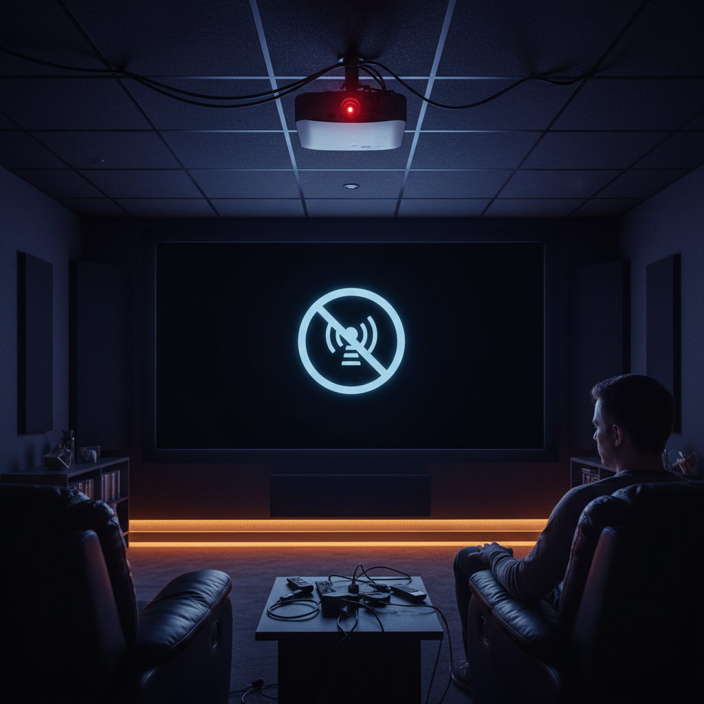A frustrated user sitting in a dark home theater looks at a blank projector screen showing a no signal state.