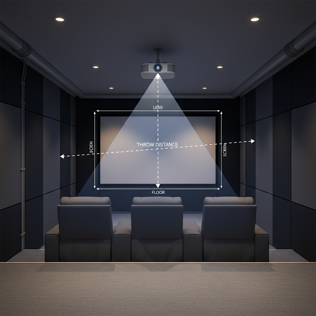 Ceiling mounted projector showing throw distance calculation to screen