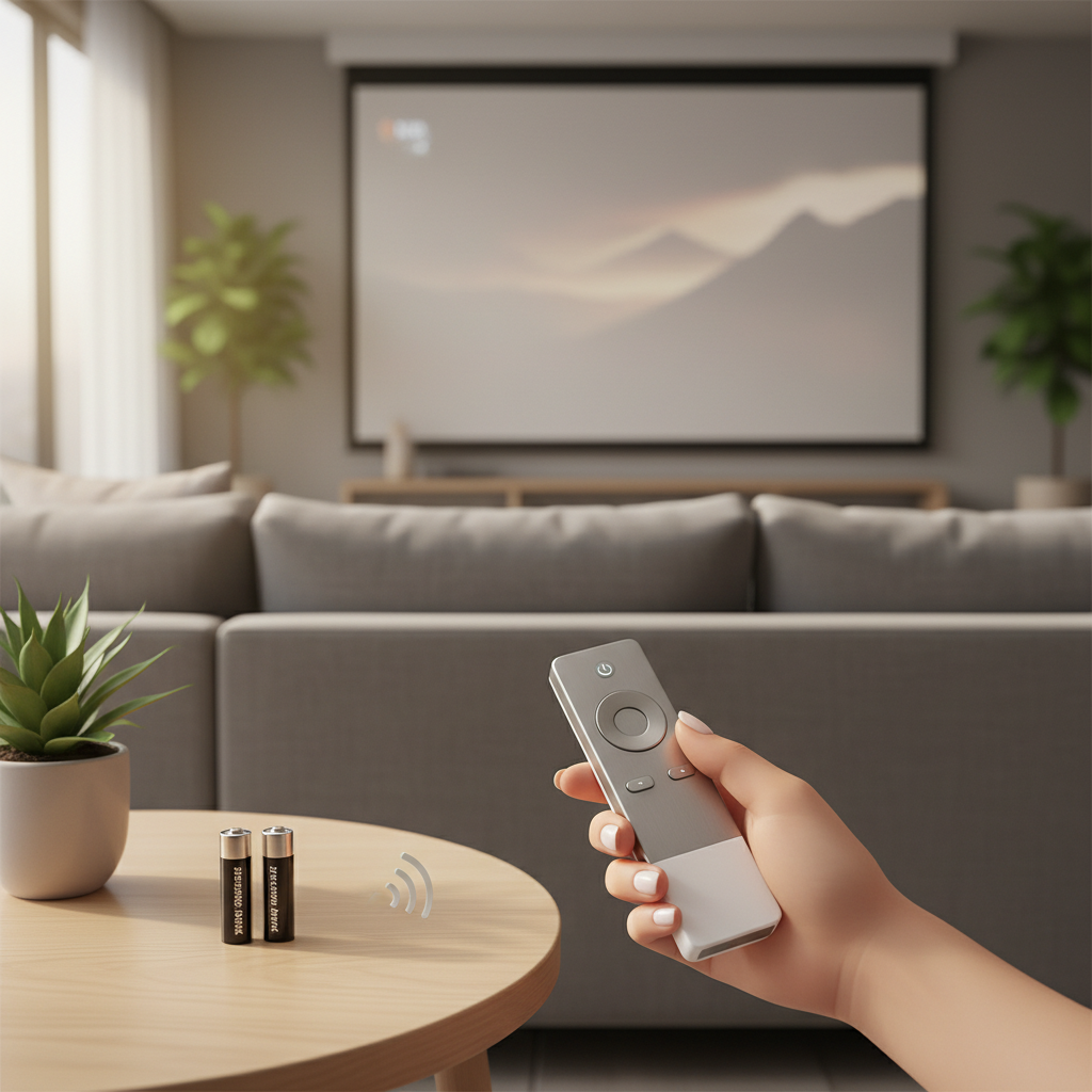 A hand holding a projector remote with batteries nearby in a modern home theater setting.