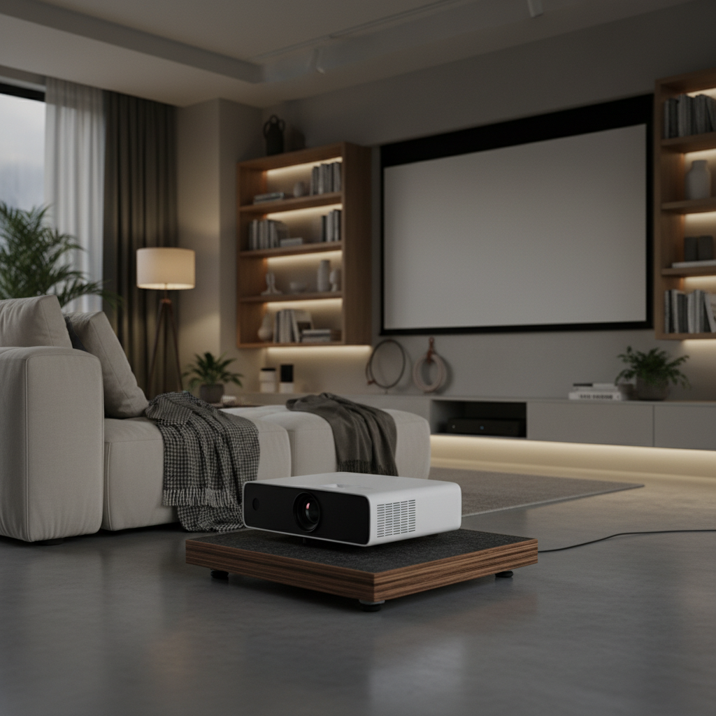 A stable floor-placed projector setup in a modern living room, shown with a clean cinematic look and no visible shake.