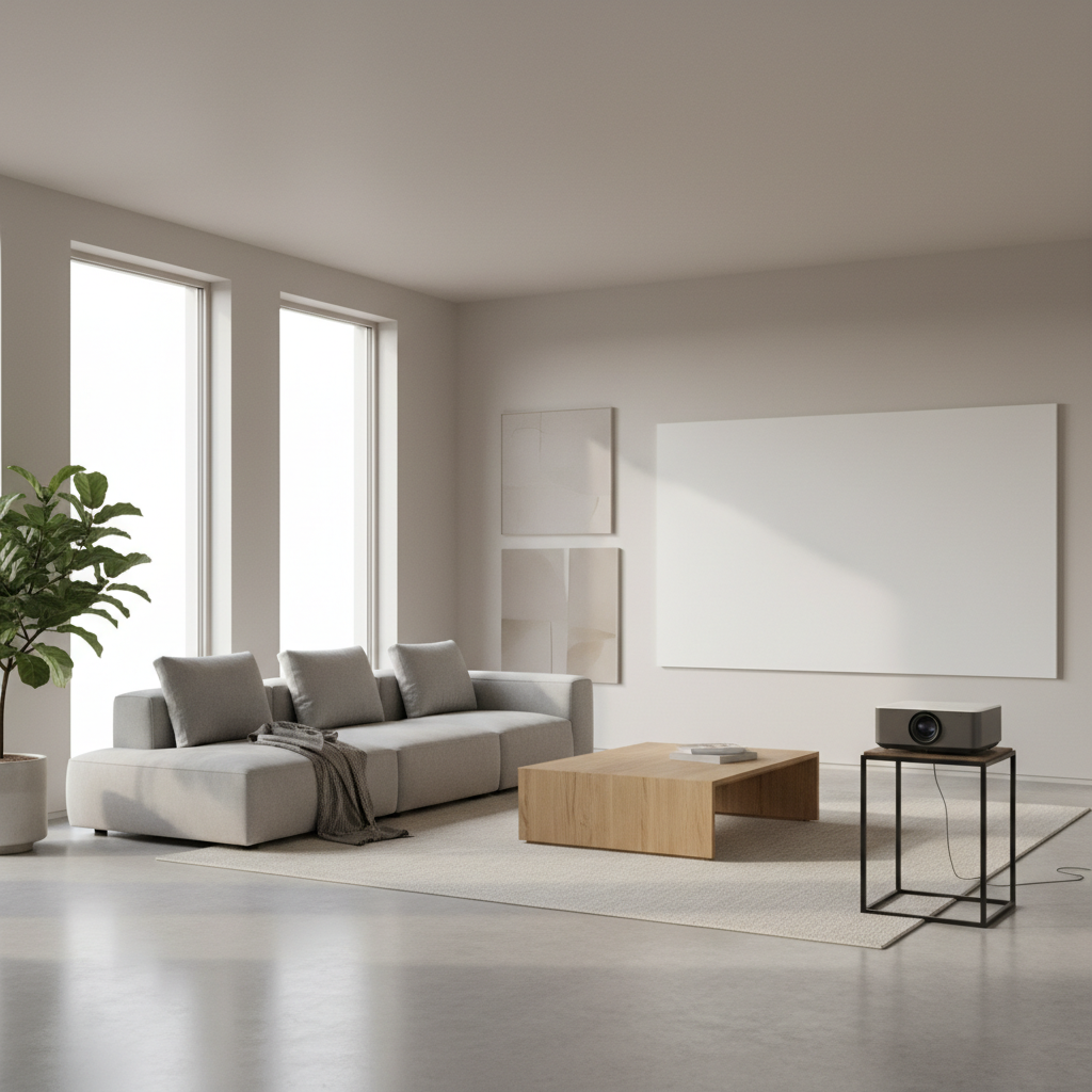A modern living room with a projector on a floor stand placed off-center near furniture.