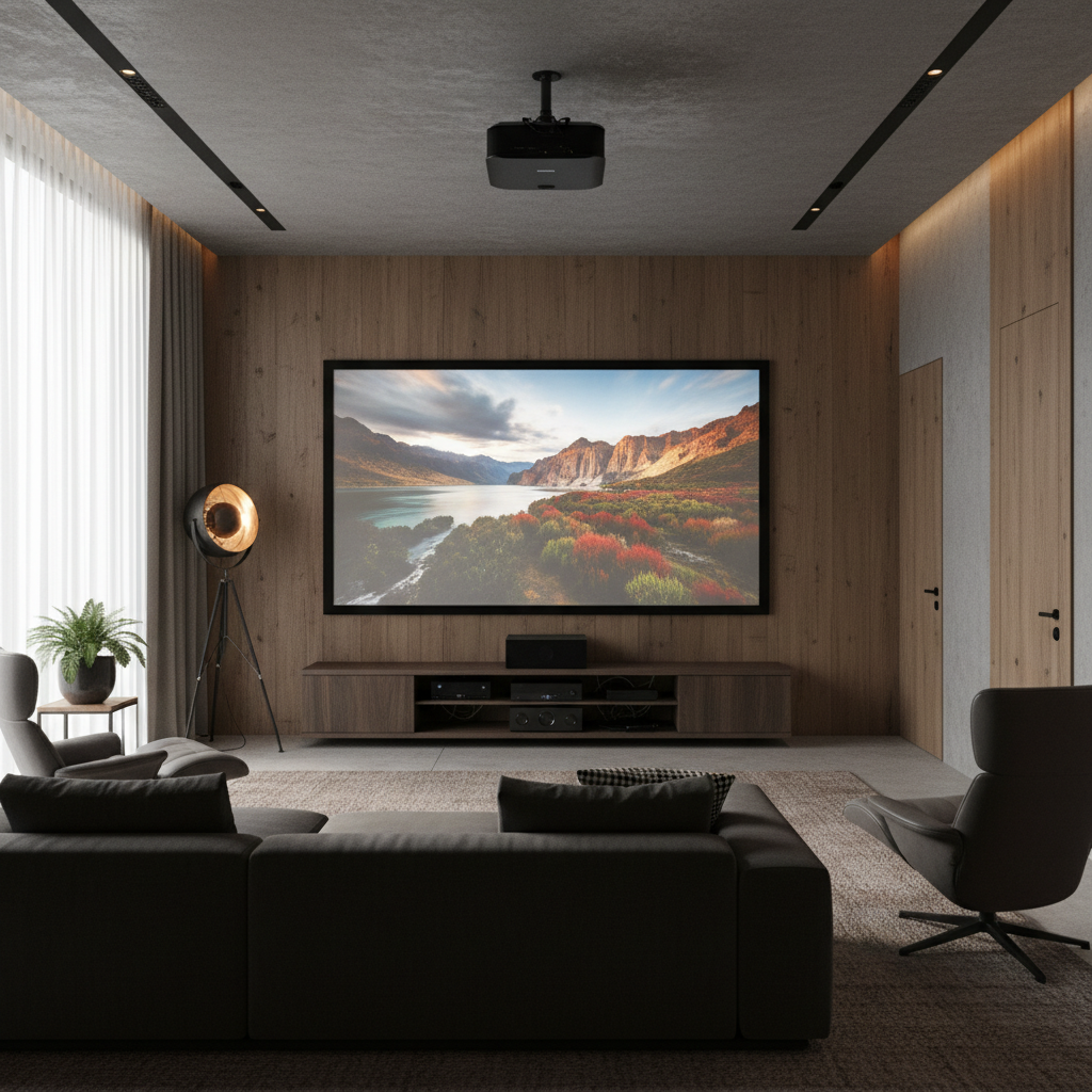 A realistic home theater room with a projector screen clearly visible under mixed ambient light, showing how screen design affects perceived brightness and contrast.