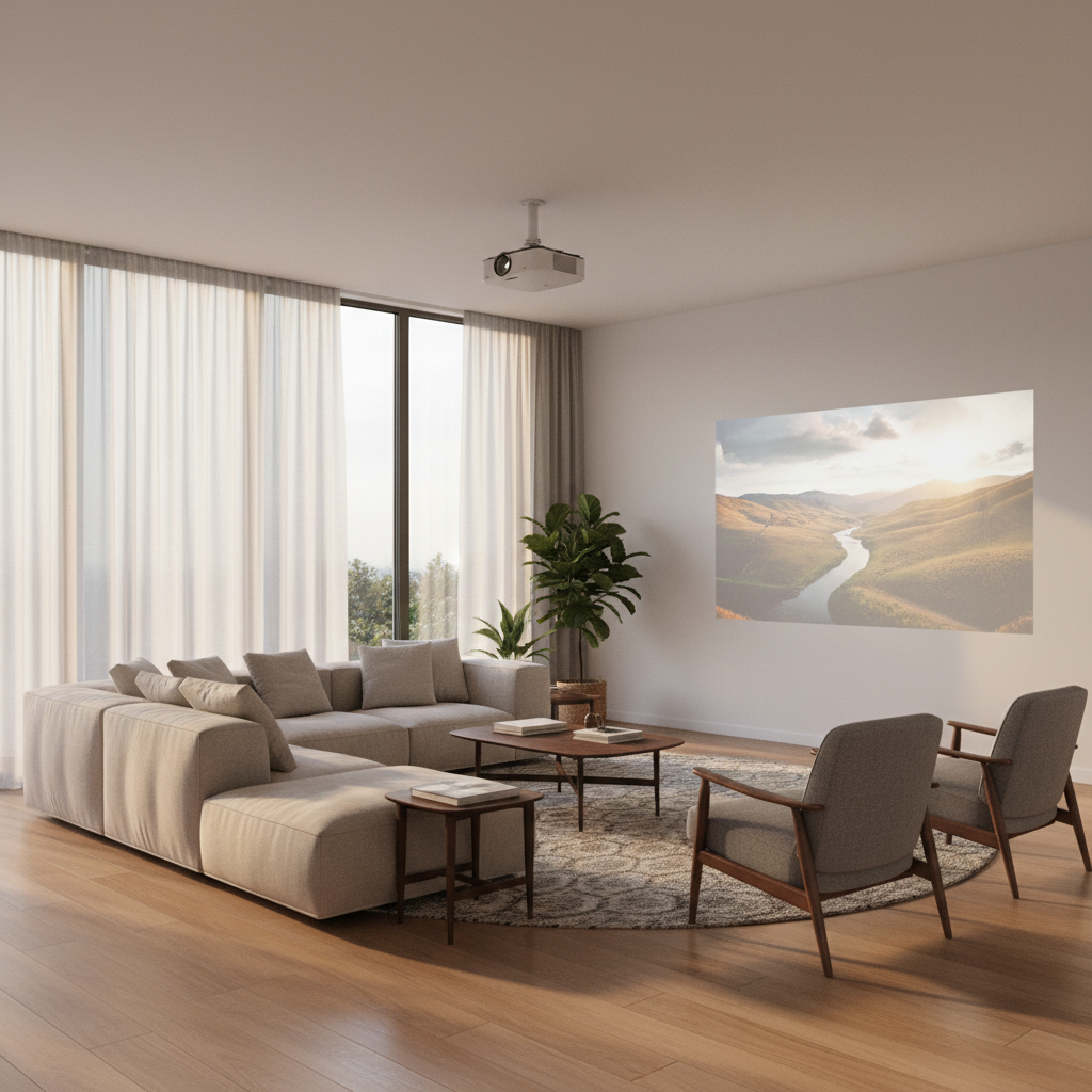 A modern living room with large windows, afternoon sunlight, light curtains partly drawn, and a ceiling-mounted projector casting a clear image on a wall away from window glare.