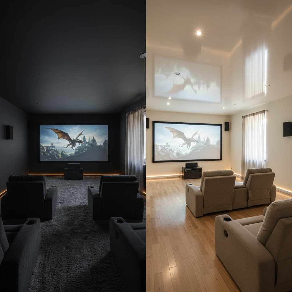 A dark matte home theater room with a projector displaying a clear image, contrasted with a reflective room that causes glare and washed-out projection.
