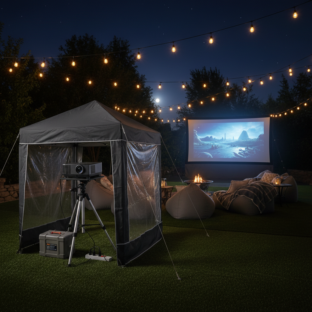 An outdoor movie setup at night with a projector sheltered under a canopy, protecting it from moisture.
