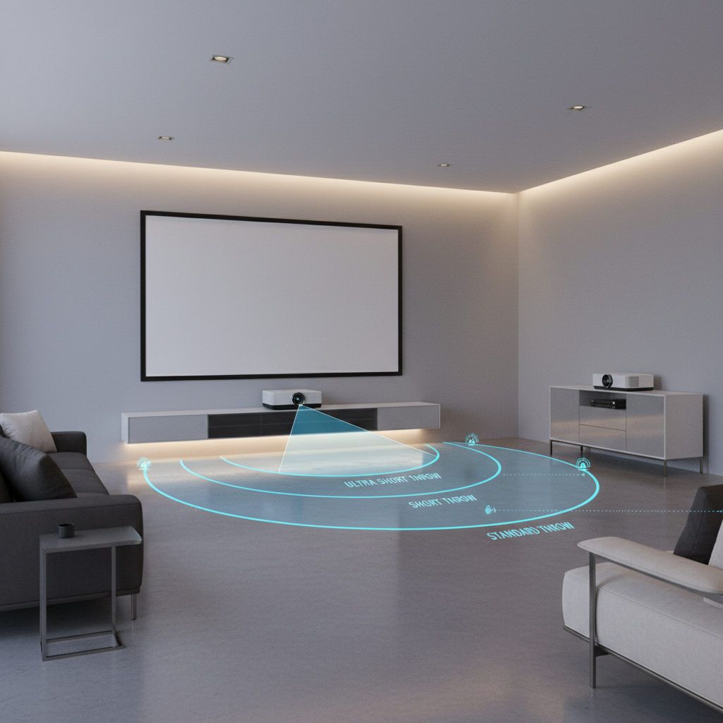 A modern living room with a projector demonstrating optimal placement distances for different throw types.