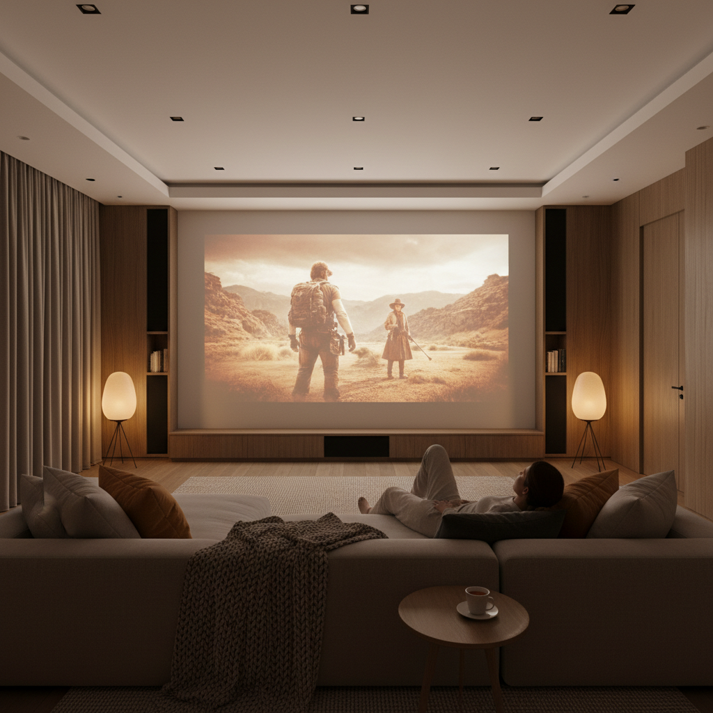 A relaxed person watching a movie in a modern home theater with soft ambient lighting and a large projected image on the wall.