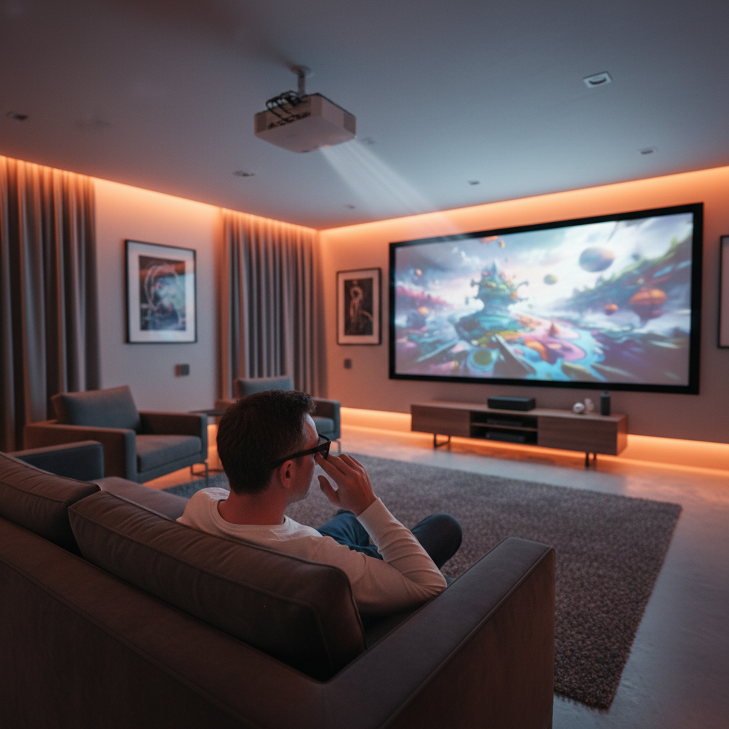 A person wearing active shutter glasses watching a 3D movie at home in a modern home theater, with a subtle expression of discomfort under soft lighting.