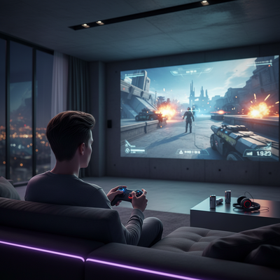 Competitive gamer using a large projector screen for FPS gaming in a dark room