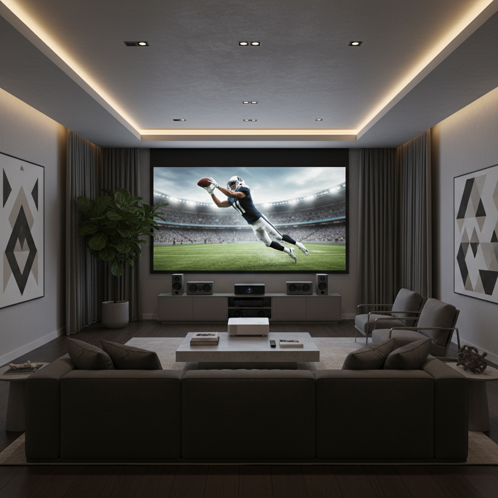 A modern living room with a large projector screen showing a sharp sports action scene during playback.