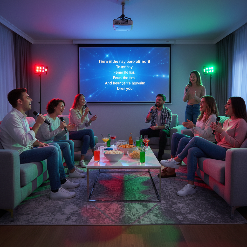 Friends and family singing karaoke in a modern living room with large projected lyrics on the wall, creating a lively home party atmosphere.