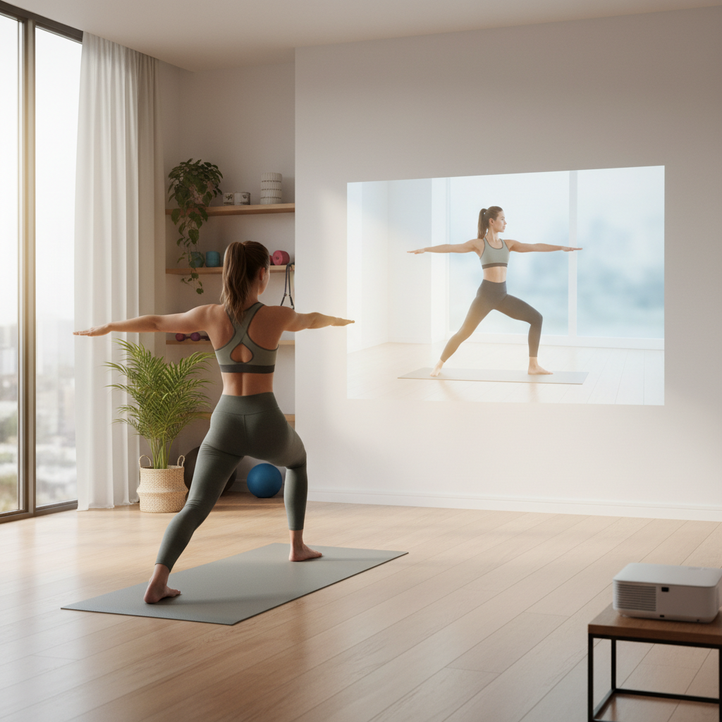A person doing a workout pose in a bright modern home gym while a clear projected instructor mirrors the pose on a wall screen.