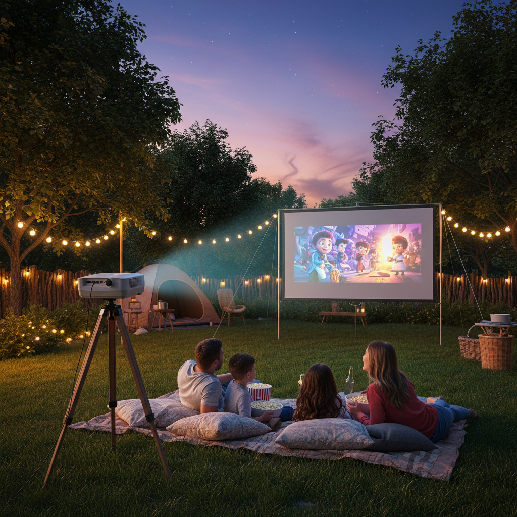 An appealing outdoor twilight movie night in a backyard with a portable projector casting a clear, vibrant image onto a screen while a family watches in soft dusk light.