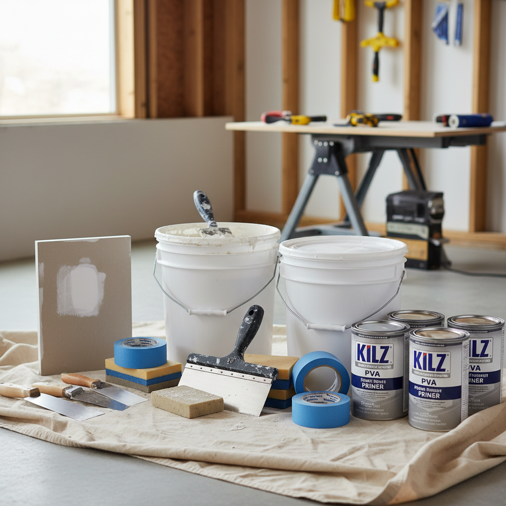 DIY tools and materials for wall repair including joint compound, putty knife, sandpaper, and primer arranged on drop cloth