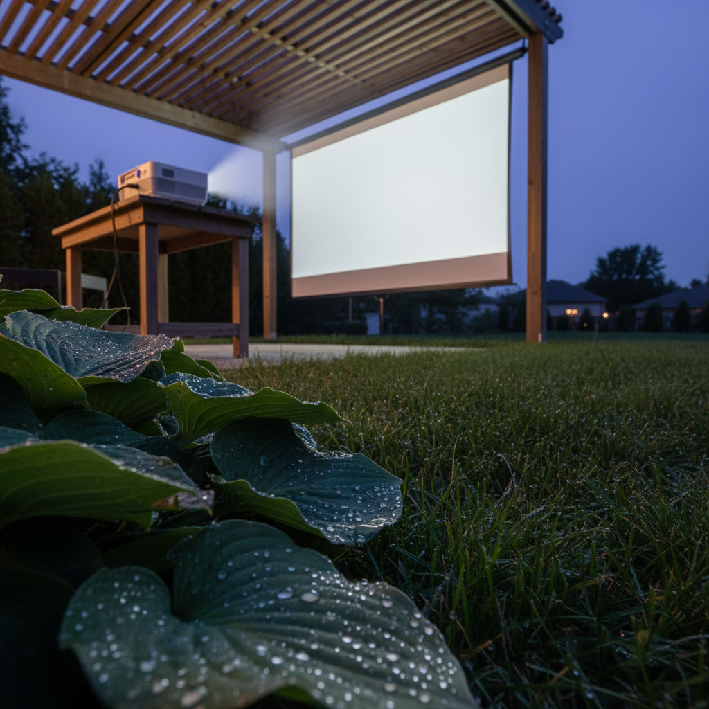 An outdoor projector set up safely on a patio at dusk, with a soft screen glow and visible moisture on nearby grass and furniture.