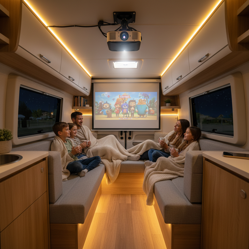 A secure portable projector mounted inside a van for a cozy movie night, with a family watching comfortably.