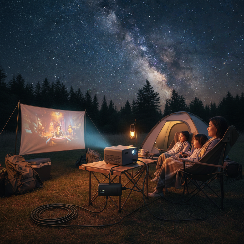A family watches a movie projected at a campsite at night, with a portable projector and power bank visible under a starry sky.