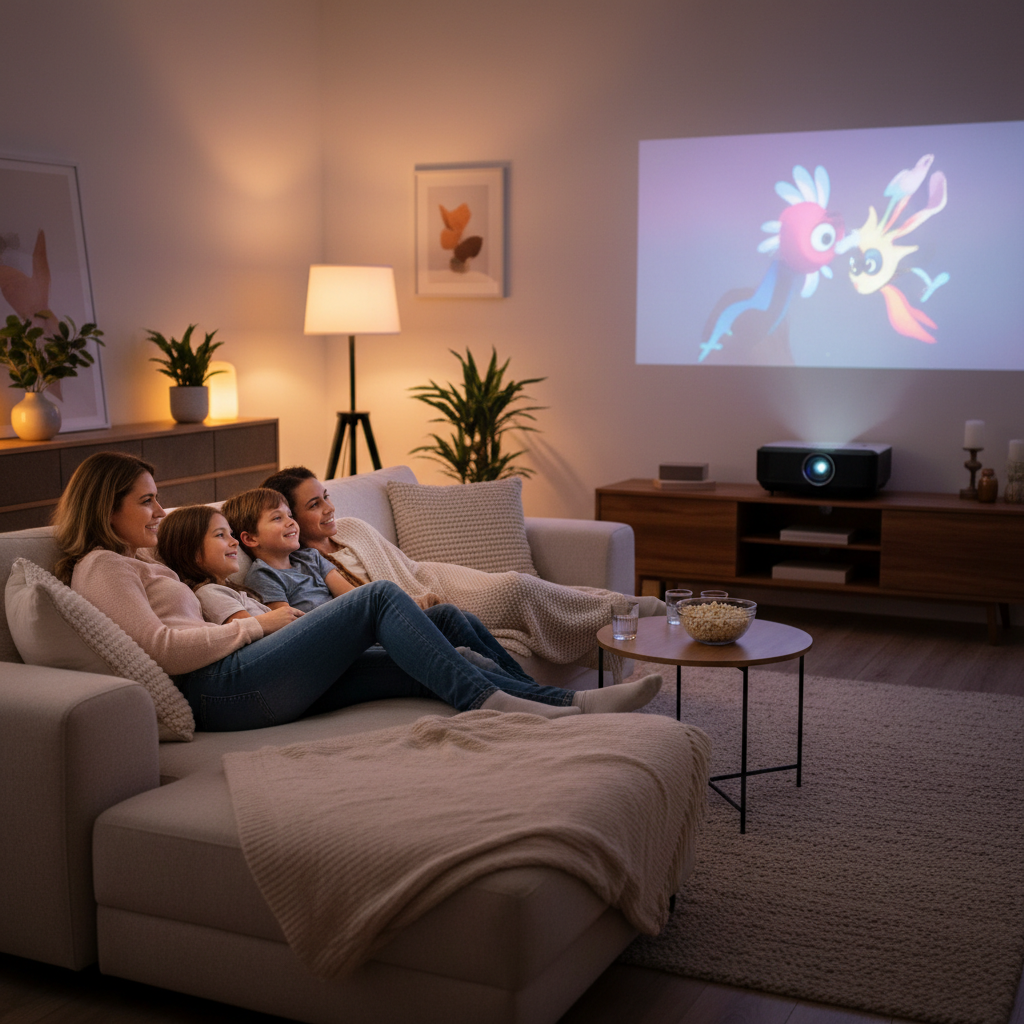 A family with parents and young children sitting comfortably on a couch in a living room, watching a large projected movie screen from a safe distance, with a projector visible in the background.