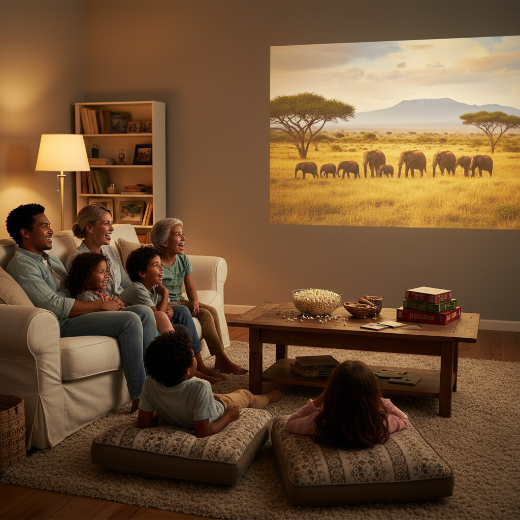 An excited diverse family watching a documentary projected on a big screen in a cozy living room.
